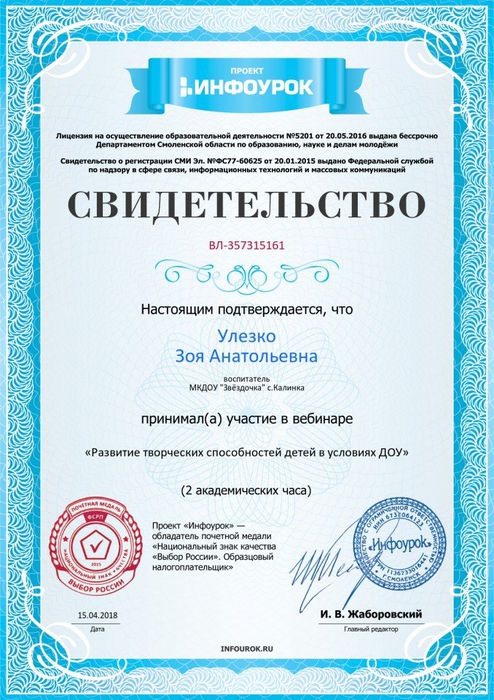 Свидетельство проекта infourok.ru №357315161 (1)